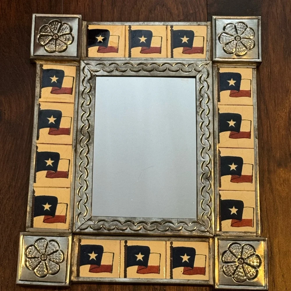 Hanging Punched Tin Mexican Folk Art 11x13 Table Mirror with Texas Flag Tiles